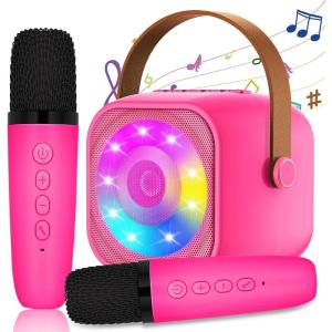 Karaoke Enfant avec 2 Microphones, Microphone Karaoké sans Fil, Haut-Parleur Bluetooth avec Micro, Jouet de Machine Karaoké avec LED Lumière pour Enfant Adulte Fille Cadeau Chanter(Rosered-2Mic)
