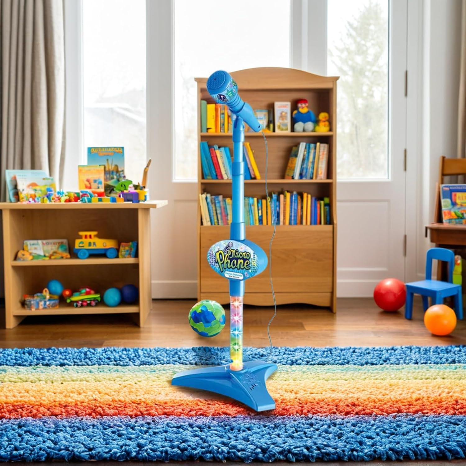 imageMicrophone pour ToutPetits Jouet de karaok sur Pied rglable de 88 cm Microphone Chantant pour avec lumires de scne Clignotantes Unit de Jeu Musical Divertissement interactif amusanBlue