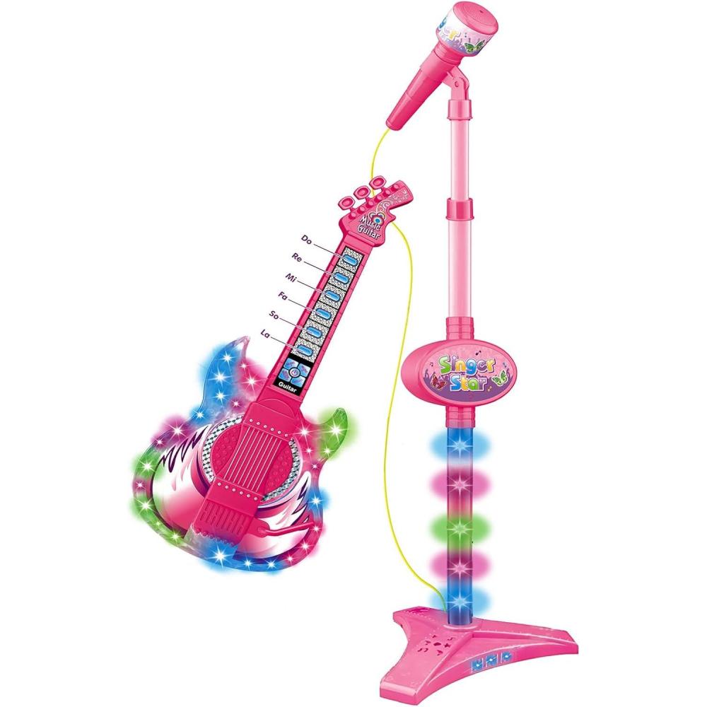imageEnsemble Guitare et Microphone pour Jouet dapprentissage Musical Guitare Lumineuse colore Support rglable Instrument de Musique ducatif Divertissement de Chant pour Idal p