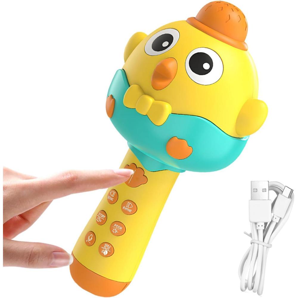 imageGnrique Microphone Jouet 2 en 1 Forme de Poulet Lecteur de Musique PortableJouets Musicaux Rechargeables avec Lumire LED pour Garons Filles Fte danniversaire de Nol en Famille laJaune