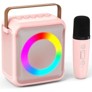 Ankuka Jouets de karaoké pour Enfants avec 2 Microphones, Karaoké Portable avec lumière LED et Effets de Changement de Voix, Cadeaux pour Enfants de 3 à 18 Ans,Beige(Rose)