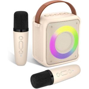Ankuka Jouets de karaoké pour Enfants avec 2 Microphones, Karaoké Portable avec lumière LED et Effets de Changement de Voix, Cadeaux pour Enfants de 3 à 18 Ans,Beige(Blanc)