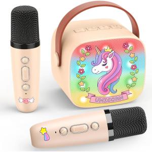 Micro Karaoke Enfant avec 2 Micro sans Fil Bluetooth, Cadeau Fille 3-12 Ans Microphone Karaoké Jouet Fille 3-12 Ans Micro Enfant pour Chanter Fille Cadeau de Noel Enfant Licorne(Beige-Unicorn)