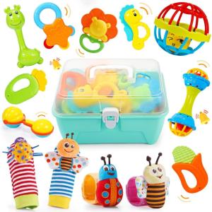 14 Pcs Hochet Bebe 0 3 6 9 12 Mois, Jouet Bebe 0-12 Mois Jeux Eveil Bebe 0 3 6 Mois Jouet Bébé Cadeau 0-6-12 Mois Fille Garçon Jeux Bebe 0-9 Mois Jouet Nouveau Né Hochet de Dentition pour Bébé(14 Klingelsocken Set)