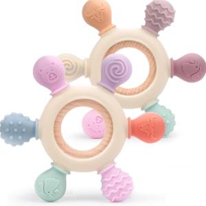 Anneau de dentition pour bébé,bebe naissance，jouet bebe 0-3-12 mois, accessoires d&rsquo;allaitement sans BPA cadeau naissance fille Et Garçon pour bébés de 3-12 mois et plus(2 Pcs-B)