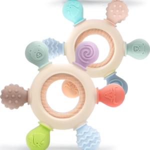 Anneau de dentition pour bébé,bebe naissance，jouet bebe 0-3-12 mois, accessoires d&rsquo;allaitement sans BPA cadeau naissance fille Et Garçon pour bébés de 3-12 mois et plus(2 Pcs-A)