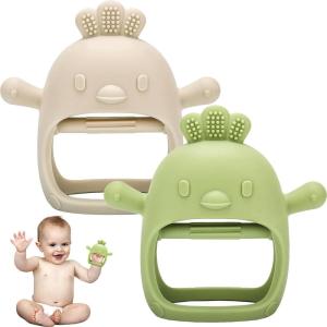 2 Pcs Gant Dentition Bebe, Anneau Dentition Refrigerant, Jouet Bébé 3 6 9 Mois 1 An, Cadeau Bebe Naissance, Gant Jouet Bébé, Tetine Grignoteuse Dentition pour Garcon Fille(Beige + Vert)