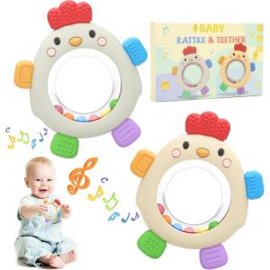 2 Paquet Anneau Dentition Bebe avec Hochet, Silicone Jouet Dentition Sensoriel Bébé, Anneaux de Dentition Refrigerant 0-3 4 6 Mois, Bebe Naissance Accessoire Cadeau pour Garçon Fille
