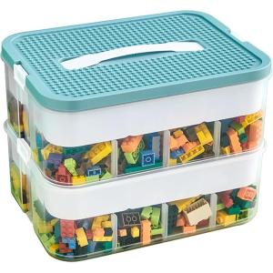 3 Couches Boite Rangement Jeux Bloc de Construction Enfant Jouets Empilable Organiseur pour Briques Bac de rangement avec plaque de construction & Compartiments(Blau)