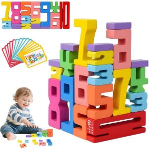 Ainiv Lot de 20 Blocs de Chiffres en Bois Montessori pour Enfants, Jouets Empilables, Blocs de Construction Numéro de 1 à 10, avec 15 Cartes