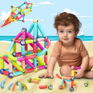 Construction Magnetique Enfant 64 pièces Educatif Jeux Aimants Magnetique, Montessori Empilables Bloc Magnétique Jouet, Jeu Magnetic Sensorielle, Cadeau Garcons Filles pour Pâques Anniversaire Noel(64 pcs Motifs de Dessins Animés)