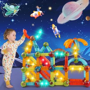 Construction Magnetique Enfant 64 pièces Educatif Jeux Aimants Magnetique, Montessori Empilables Bloc Magnétique Jouet, Jeu Magnetic Sensorielle, Cadeau Garcons Filles pour Pâques Anniversaire Noel(52 pcs Lumière)