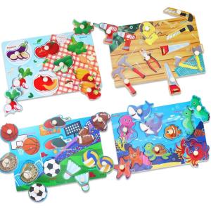 4 Pcs Puzzles en Bois pour Enfants, Animal Montessori Puzzle Jouets, Jouet Éducatif pour Bébé D&rsquo;âge Préscolaire, Apprentissage Tout Petits Puzzle Jouets Filles Garçons 1 2 3 Ans(Bleu)