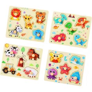 4 Pcs Puzzles en Bois pour Enfants, Animal Montessori Puzzle Jouets, Jouet Éducatif pour Bébé D&rsquo;âge Préscolaire, Apprentissage Tout Petits Puzzle Jouets Filles Garçons 1 2 3 Ans(Beige)
