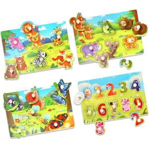 4 Pcs Puzzles en Bois pour Enfants, Animal Montessori Puzzle Jouets, Jouet Éducatif pour Bébé D&rsquo;âge Préscolaire, Apprentissage Tout Petits Puzzle Jouets Filles Garçons 1 2 3 Ans(Vert)