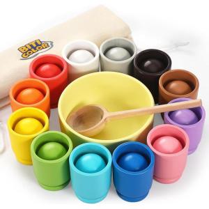 Balles dans des Tasses Jouets Montessori en Bois Couleur Arc-en-Ciel Trier des Jouets pour Les Tout-Petits d&rsquo;âge préscolaire Couleur Matching Toy – 12 balles 40mm(12 couleurs)