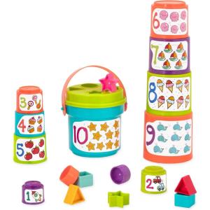 Battat – Trier et empiler – Trieur à emboîtement – Jeu de seaux empilables 19 pièces – 10 Tasses et 8 Formes – Jouet éducatif et de dextérité – 18 Mois et +(Seaux de tri)