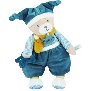 BABY NAT&rsquo; – Doudou Polochon Ourson Mignon – Bleu – Ours avec Bonnet de Nuit & Imprimé Rayé – Idée Cadeau Naissance – Doudou Facile à Attraper – Tout Doux pour les Câlins – BN0739(Peluche – Ourson Polochon)