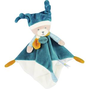 BABY NAT&rsquo; – Doudou Polochon Ourson Mignon – Bleu – Ours avec Bonnet de Nuit & Imprimé Rayé – Idée Cadeau Naissance – Doudou Facile à Attraper – Tout Doux pour les Câlins – BN0739(Doudou Plat – Ourson Polochon)