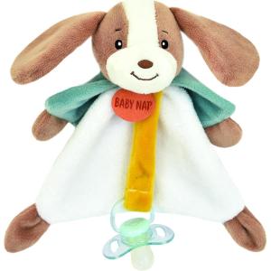 Baby NAT&rsquo; – Doudou Attache Sucette Lucien Le Chien 17 cm – Doudou Bébé Chien Mixte avec Oreilles Souples et Nouettes – Peluche Attache Sucette Lavable 30° Cadeau Naissance Fille Garçon – BN6026(Doudou Attache-sucette)