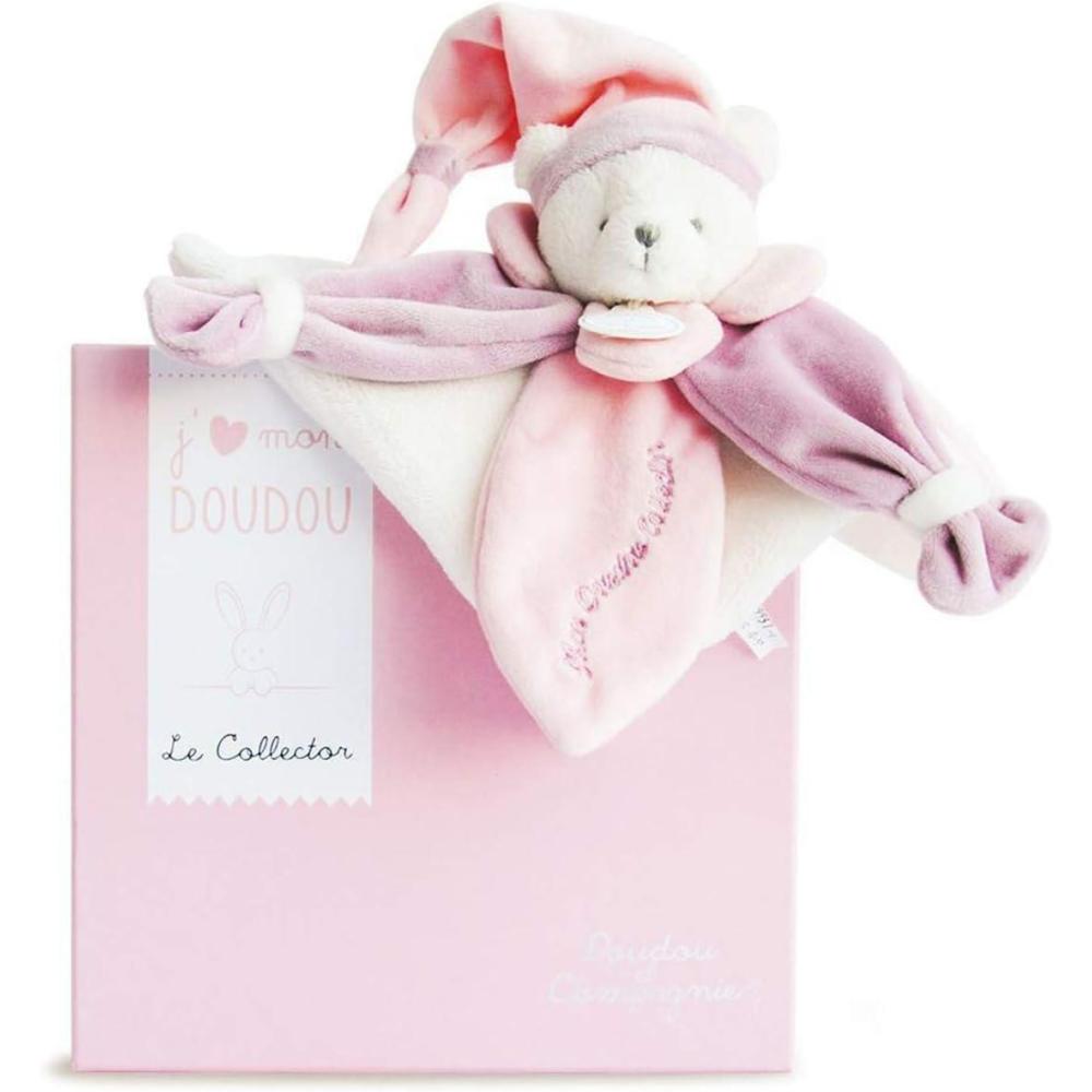 image:imageDoudou et Compagnie Doudou Plat Ours Collector Bleu 24 cm 3 Couleurs au Choix Ourson avec Bonnet de Nuit Avec Boite pour Cadeau Naissance Fille Garantie Doudou Perdu DC2921Rose