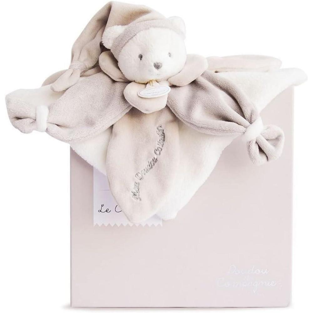 image:imageDoudou et Compagnie Doudou Plat Ours Collector Bleu 24 cm 3 Couleurs au Choix Ourson avec Bonnet de Nuit Avec Boite pour Cadeau Naissance Fille Garantie Doudou Perdu DC2921Taupe