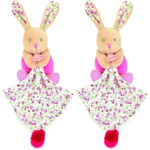 Baby Nat&rsquo; – Doudou Lapin Plat – Lapin Poupi Rose – Imprimé Fleurs – Forme Originale Facile à Attraper avec Nouettes & Grandes Oreilles – Idée Cadeau Naissance Bébé Fille et Garçon – BN0111(Doudou Lapin avec Mouchoir)