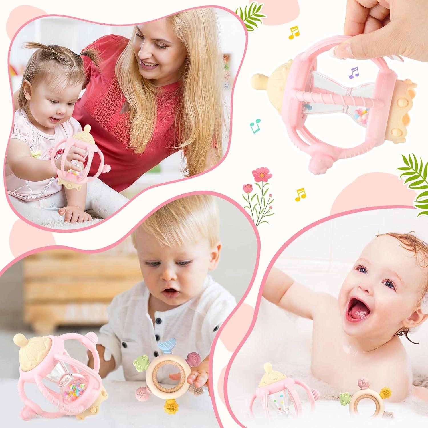 image:image2 Pices Jouet Dentition Bb Silicone 69 Mois Anneau Dentition Bebe Jouet Dentition Bebe Balle Jouets Hochet Sensoriel Bebe 1 an Cadeau Naissance Fille Garon Sans BPA BleuRose