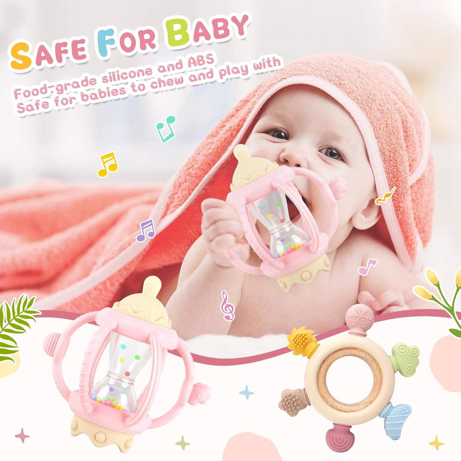 image:image2 Pices Jouet Dentition Bb Silicone 69 Mois Anneau Dentition Bebe Jouet Dentition Bebe Balle Jouets Hochet Sensoriel Bebe 1 an Cadeau Naissance Fille Garon Sans BPA BleuRose