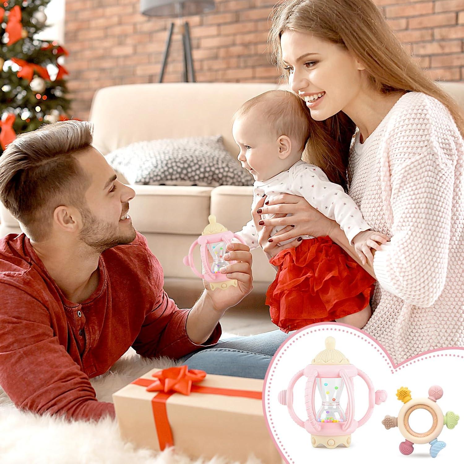 image:image2 Pices Jouet Dentition Bb Silicone 69 Mois Anneau Dentition Bebe Jouet Dentition Bebe Balle Jouets Hochet Sensoriel Bebe 1 an Cadeau Naissance Fille Garon Sans BPA BleuRose
