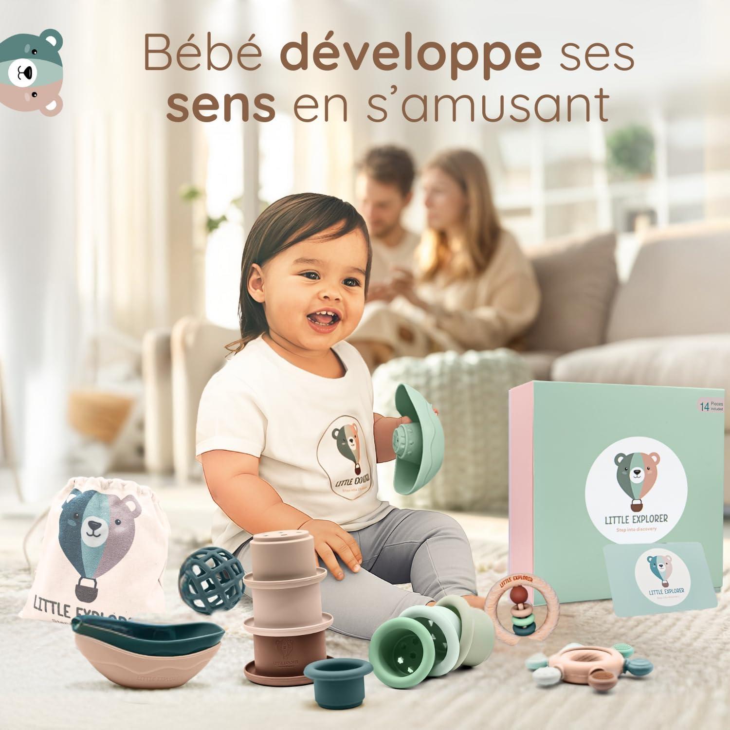 image:imageLITTLE EXPLORER Jouet bebe evolutif 036 mois cadeau naissance fille cadeau naissance garcon anneau dentition bebe tasses empilables hochet montessori 6 mois jouet sensoriel