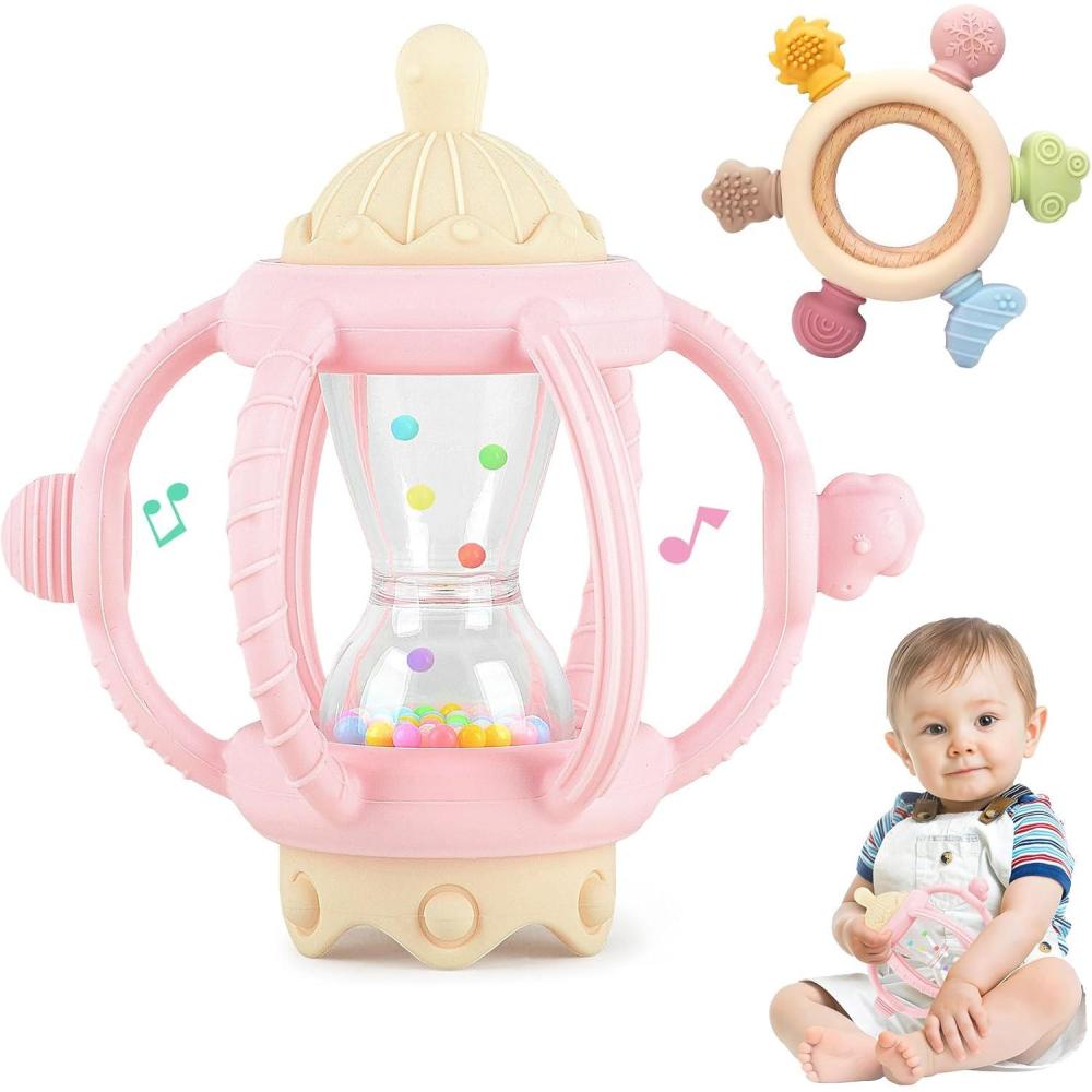 image:image2 Pices Jouet Dentition Bb Silicone 69 Mois Anneau Dentition Bebe Jouet Dentition Bebe Balle Jouets Hochet Sensoriel Bebe 1 an Cadeau Naissance Fille Garon Sans BPA BleuRose
