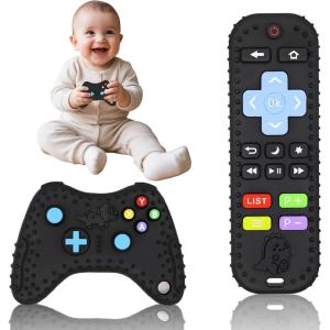 2 Pièces Anneau de Dentition Jouet Bebe 3 à 6 mois, Jouets Sensoriels de Qualité Alimentaire, Poussées Dentaires Jouets en Silicone Sans BPA(Télécommande + contrôleur)