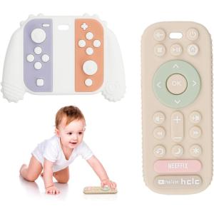2 Pièces Jouet Dentition BéBé, Jouet Bebe 6 8 9 Mois Convient Aux BéBéS MâLes Et Femelles, Silicone Telecommande Bebe, Cadeau Naissance TéLéCommandes Et ModèLes De Consoles De Jeux(Blanc, Abricot)