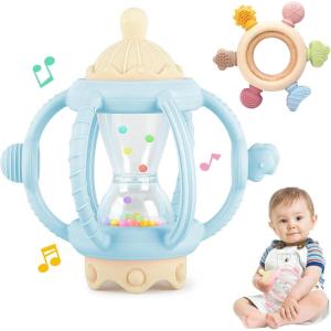 2 Pièces Jouet Dentition Bébé Silicone 6-9 Mois, Anneau Dentition Bebe + Jouet Dentition Bebe Balle, Jouets Hochet Sensoriel Bebe 1 an, Cadeau Naissance Fille Garçon Sans BPA (Bleu)(Bleu)