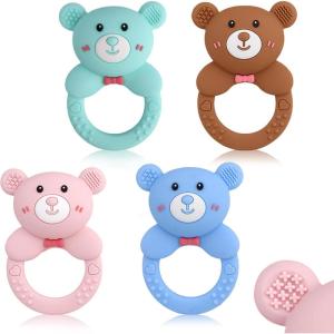 Anneau de Dentition pour Bébé,4 Pièces en Silicone avec Hochet, Sans BPA, Jouet à Mâcher pour Bébés, Facile à Tenir Anneau Apaisant pour Gencives(Bären-4Pcs)