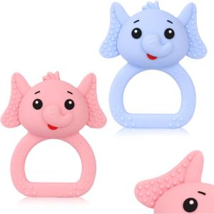 Anneau de Dentition pour Bébé,4 Pièces en Silicone avec Hochet, Sans BPA, Jouet à Mâcher pour Bébés, Facile à Tenir Anneau Apaisant pour Gencives(D-Rose+Bleu)
