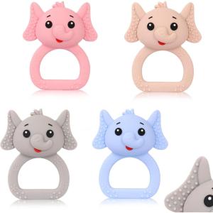 Anneau de Dentition pour Bébé,4 Pièces en Silicone avec Hochet, Sans BPA, Jouet à Mâcher pour Bébés, Facile à Tenir Anneau Apaisant pour Gencives(Elefanten-4Pcs)