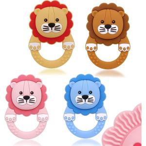 Anneau de Dentition pour Bébé,4 Pièces en Silicone avec Hochet, Sans BPA, Jouet à Mâcher pour Bébés, Facile à Tenir Anneau Apaisant pour Gencives(Le lion4pcs)